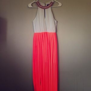 Long bright pink and white dress